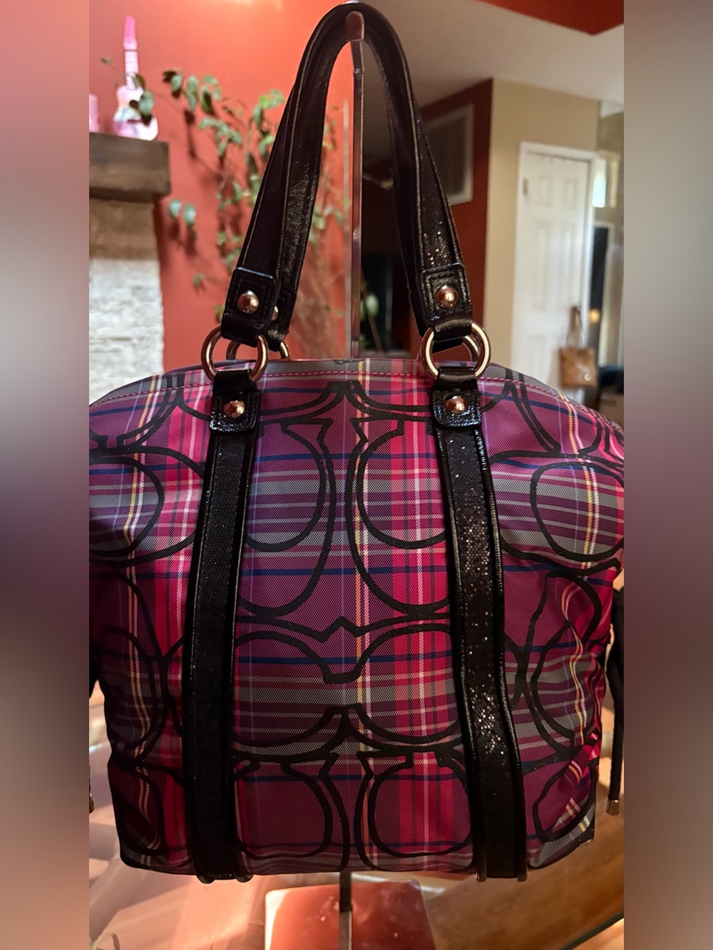 Coach Poppy Pink Plaid Tote Bag with Black Trim 2 Charms Included Like New - Picture 6 of 9
